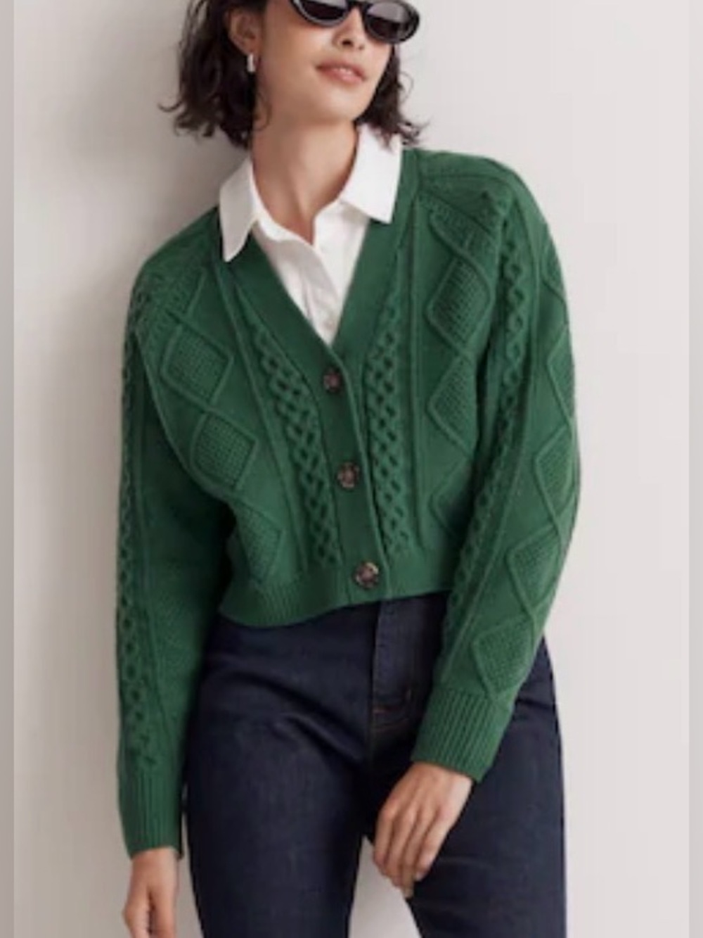 Madewell Cable-Knit Cropped Varsity Green Cardigan Wool Blend Women’s Large